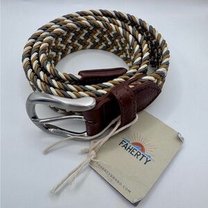 Men’s Faherty Stretch Woven Belt Brown Cream and Gray Silver Buckle